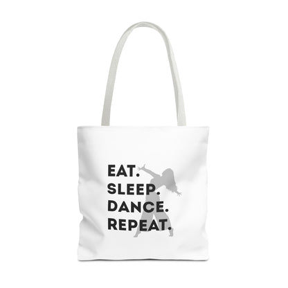 "Eat Sleep Dance Repeat" Canvas Tote Bag – Gray Dancer Silhouette Dance-Themed Reusable Shoulder Bag for Dancers, Studio, or Everyday Use