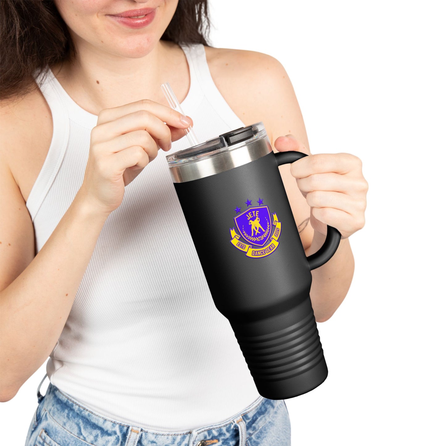 "Jeté Dance Gear Estd 2025" | 40oz Insulated Travel Mug with Collegiate-Inspired Graphic – Durable Stainless Steel Tumbler for Dancers & Dance Lovers