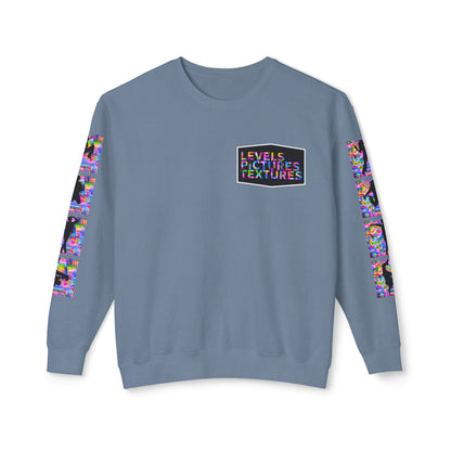 Levels Premium Collection Dance Crewneck Sweatshirt – Vibrant Unisex Streetwear Pullover with "Levels Pictures Textures" Front Text and Dancer Silhouettes on Sleeves