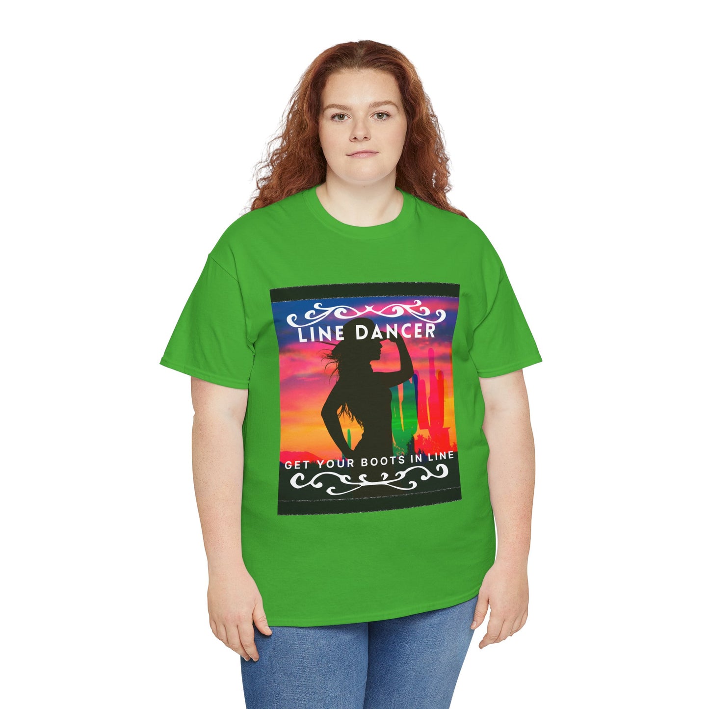 "Line Dancer" Unisex Heavy Cotton T-Shirt – Western Country Dance Graphic Tee – 'Get Your Boots in Line' Cowboy-Inspired Shirt