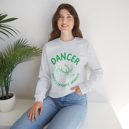 “Dancer, Santa’s Favorite Reindeer” ADULT SWEATSHIRT Unisex Heavy Blend Crewneck with Vintage Reindeer Graphic – Festive Christmas Dance Sweatshirt for Dancers & Holiday Events