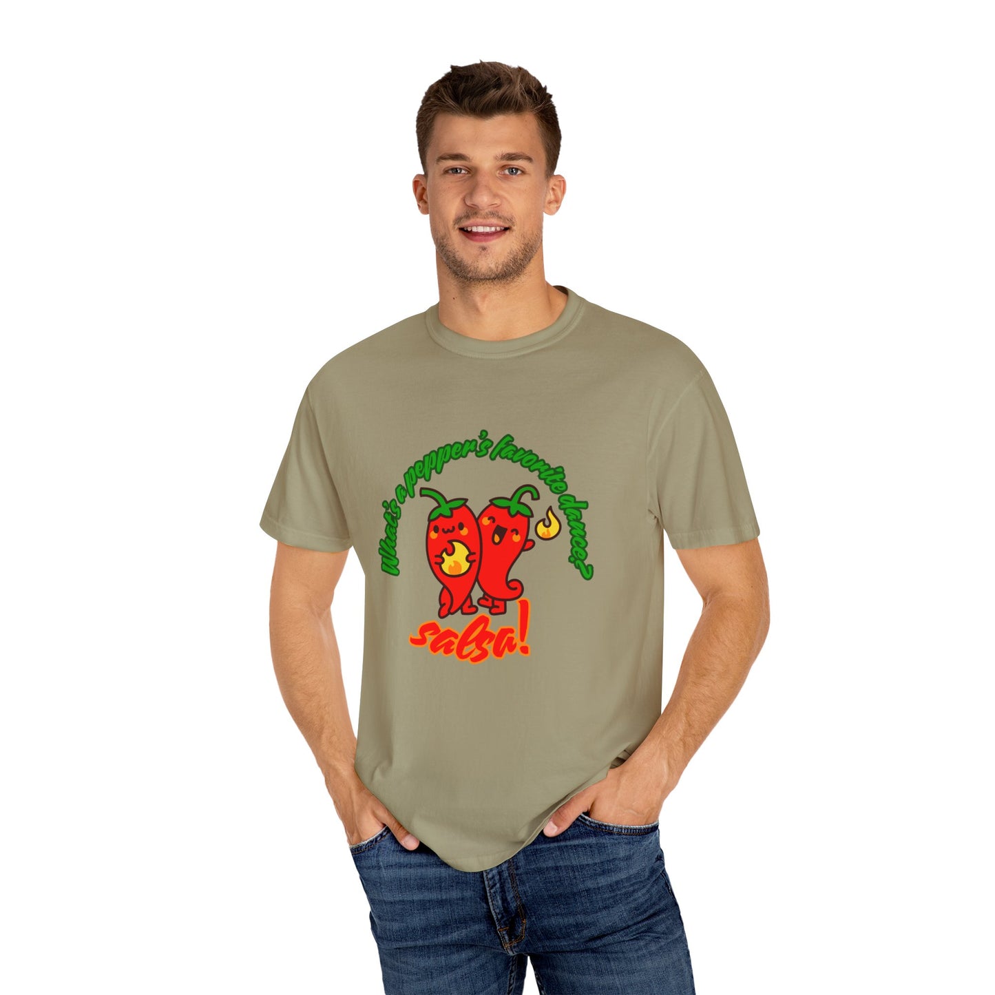 "What's a Pepper's Favorite Dance? Salsa!" Dance Pun Unisex Garment-Dyed T-Shirt – Funny Dance Joke Tee with Cute Pepper Graphic – Dance Humor Shirt for Food & Pun Lovers