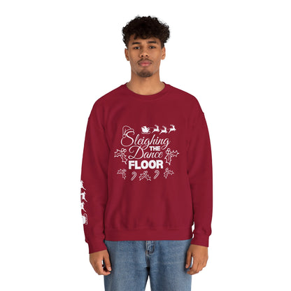 “Sleighing the Dance Floor” ADULT SWEATSHIRT Unisex Heavy Blend Crewneck – Festive Christmas Dance Sweatshirt with Santa’s Sleigh & Reindeer Arm Design, Perfect for Dancers & Studios