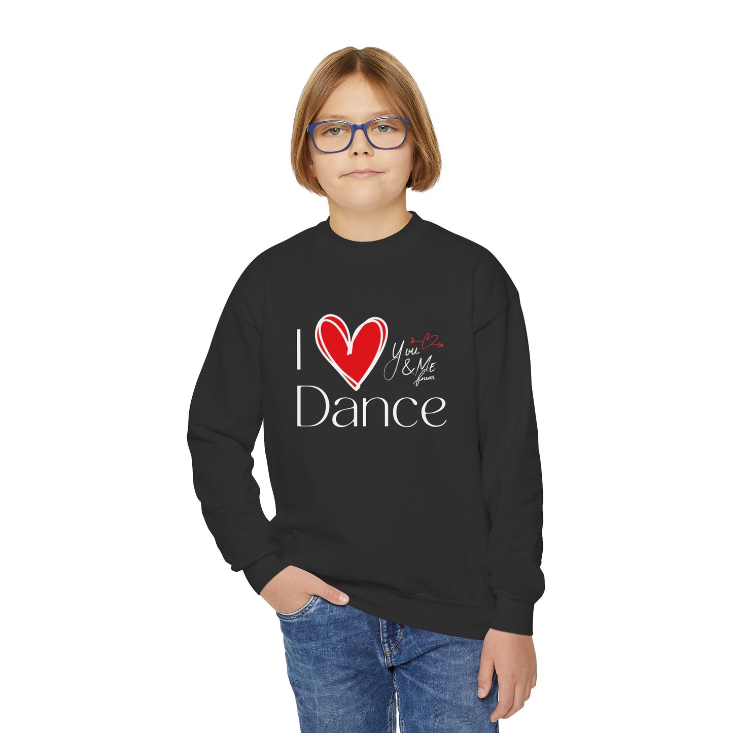 "I Love Dance" Youth Crewneck Sweatshirt – Hand-Drawn Heart & Note Graphic Dance Lover Pullover