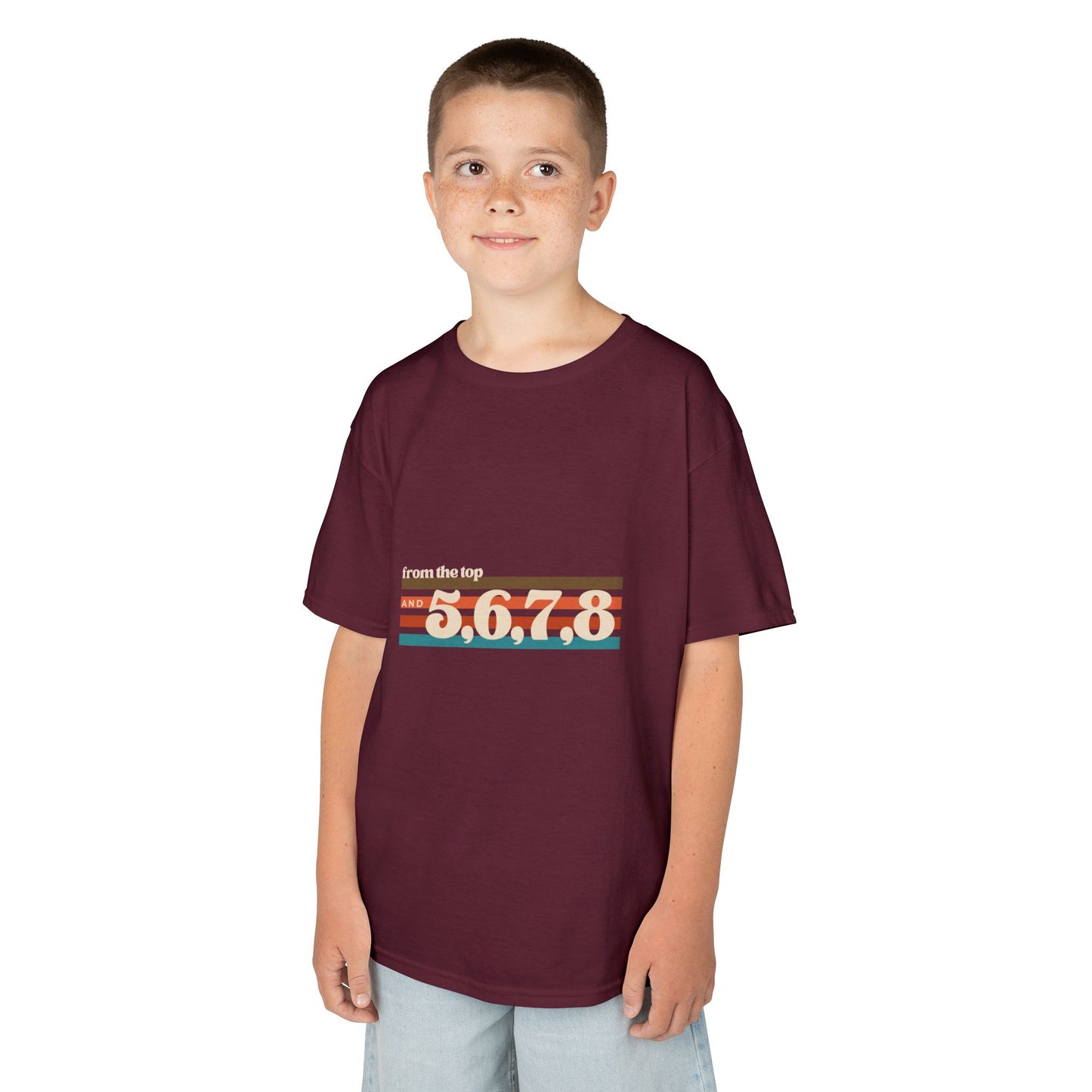 “From the Top and 5, 6, 7, 8” Youth Short Sleeve Tee – Retro Graphic Dance Shirt for Kids and Young Performers