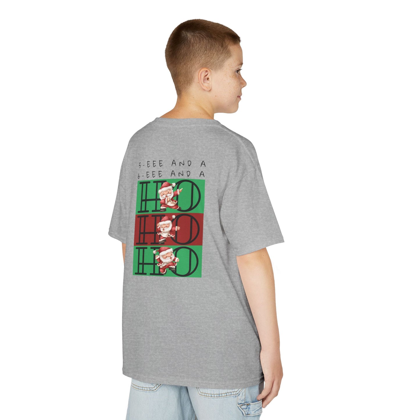 “5-eee and a 6-eee and a Ho, Ho, Ho” YOUTH Short Sleeve Tee with Playful Dancing Santa Front & Back – Festive Christmas Dance Tee for Dancers & Studios