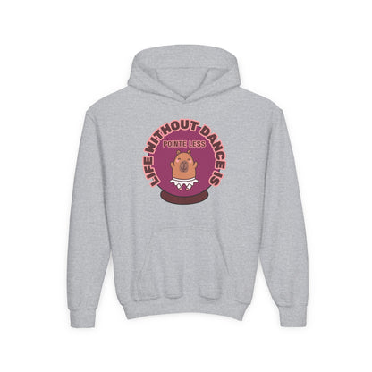 "Life Without Dance Is Pointeless" Youth Hooded Sweatshirt – Cute Dancing Capybara Graphic Hoodie for Kids and Teens