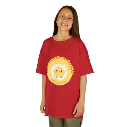 “What do you call a dancing chick? Poultry in Motion” Funny Chick Dance Tee for Kids – Cute Chicken Graphic - Youth Dance Pun T-Shirt