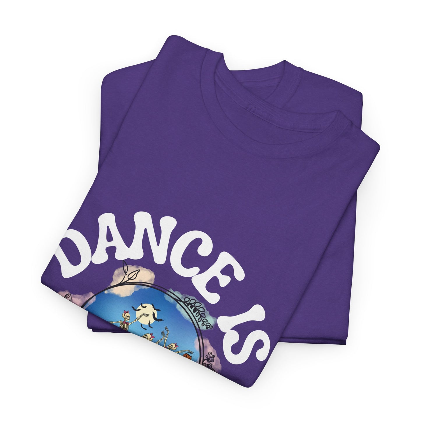“Dance Is in My Bones” Halloween Dance T-Shirt with Dancing Skeletons Graphic - Unisex Heavy Cotton Tee