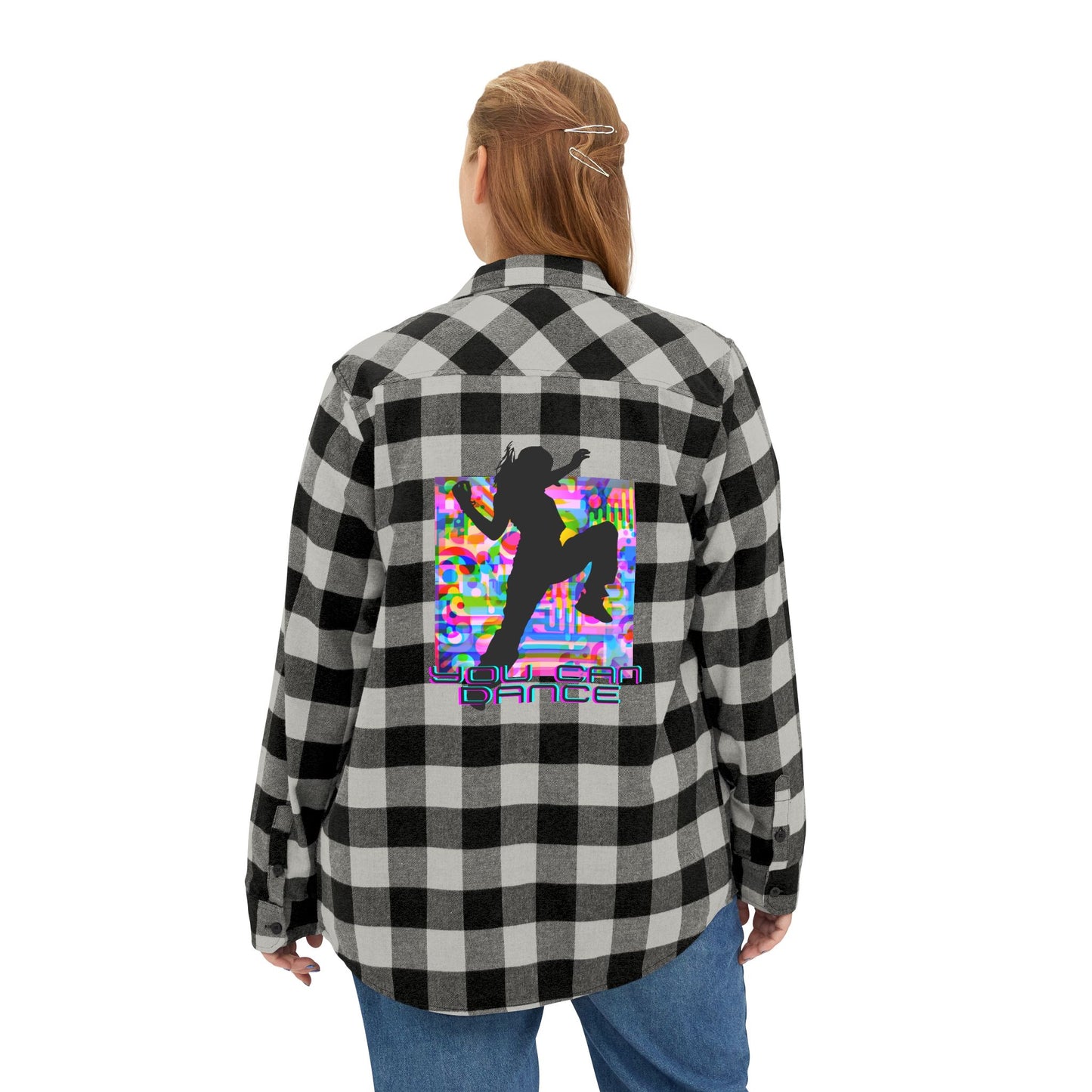 Levels Premium Collection Flannel Shirt – Unisex Streetwear Button-Up with "Levels Pictures Textures" Front Text and Bold Dancer Silhouette Back Graphic