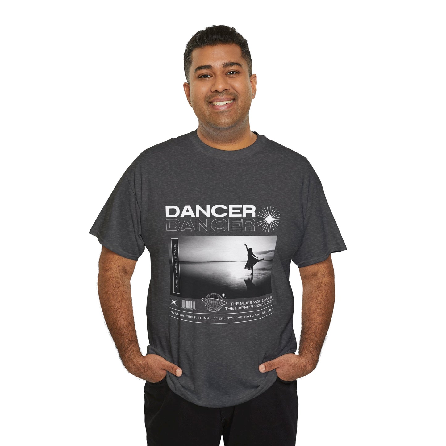 "Dancer" Arabesque Beach Scene Unisex Heavy Cotton Tee – Streetwear-Inspired Ballet Dance Graphic T-Shirt