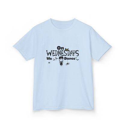 “On Wednesdays We Dance” Gothic Halloween T-Shirt with Cute Girl, Black Cat, Spiders & Bats - Kids Heavy Cotton™ Tee