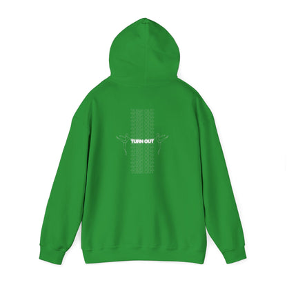 "Turn Out" Ballet Hoodie – Unisex Heavy Blend™ Hooded Sweatshirt with Front & Back Ballerina Graphics for Dancers