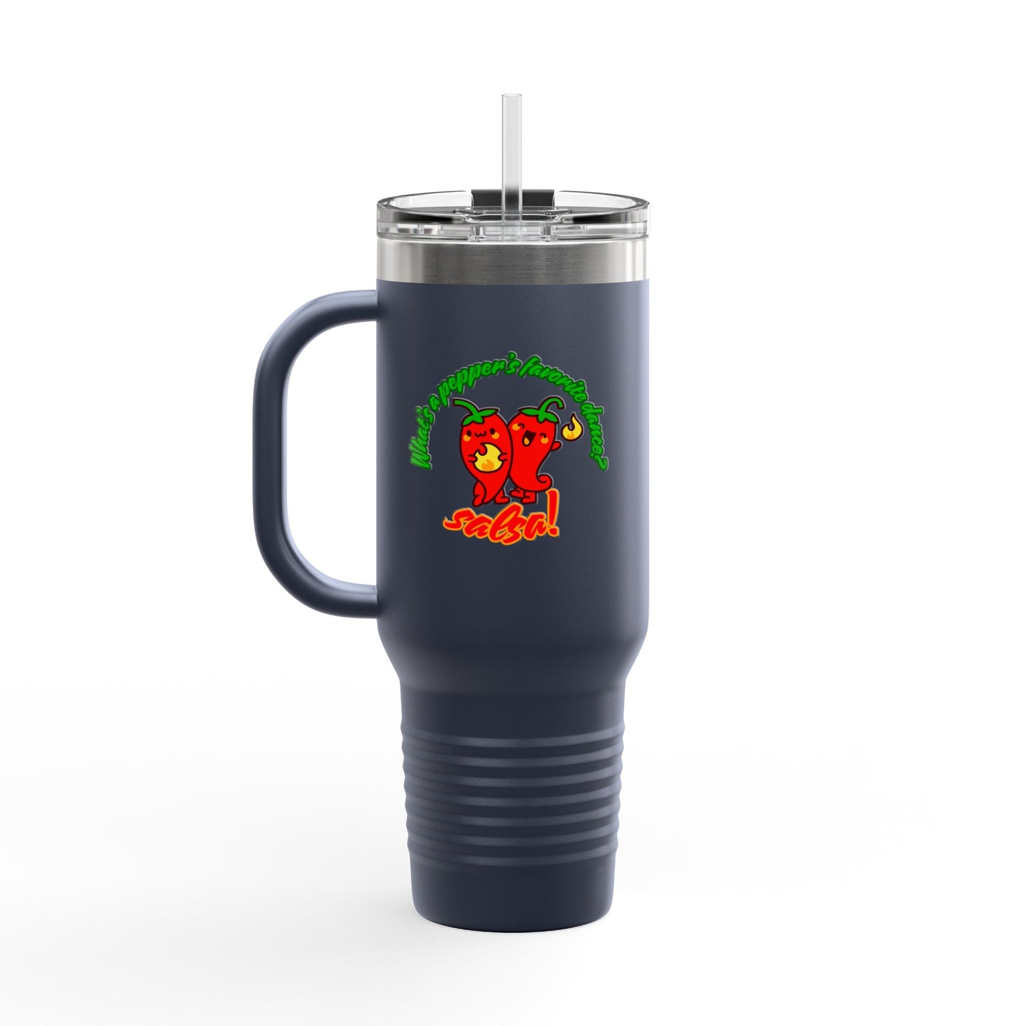 "What's a Pepper's Favorite Dance? Salsa." Funny Dance Quote 40oz Insulated Travel Mug – Bold Pepper Graphic Stainless Steel Tumbler