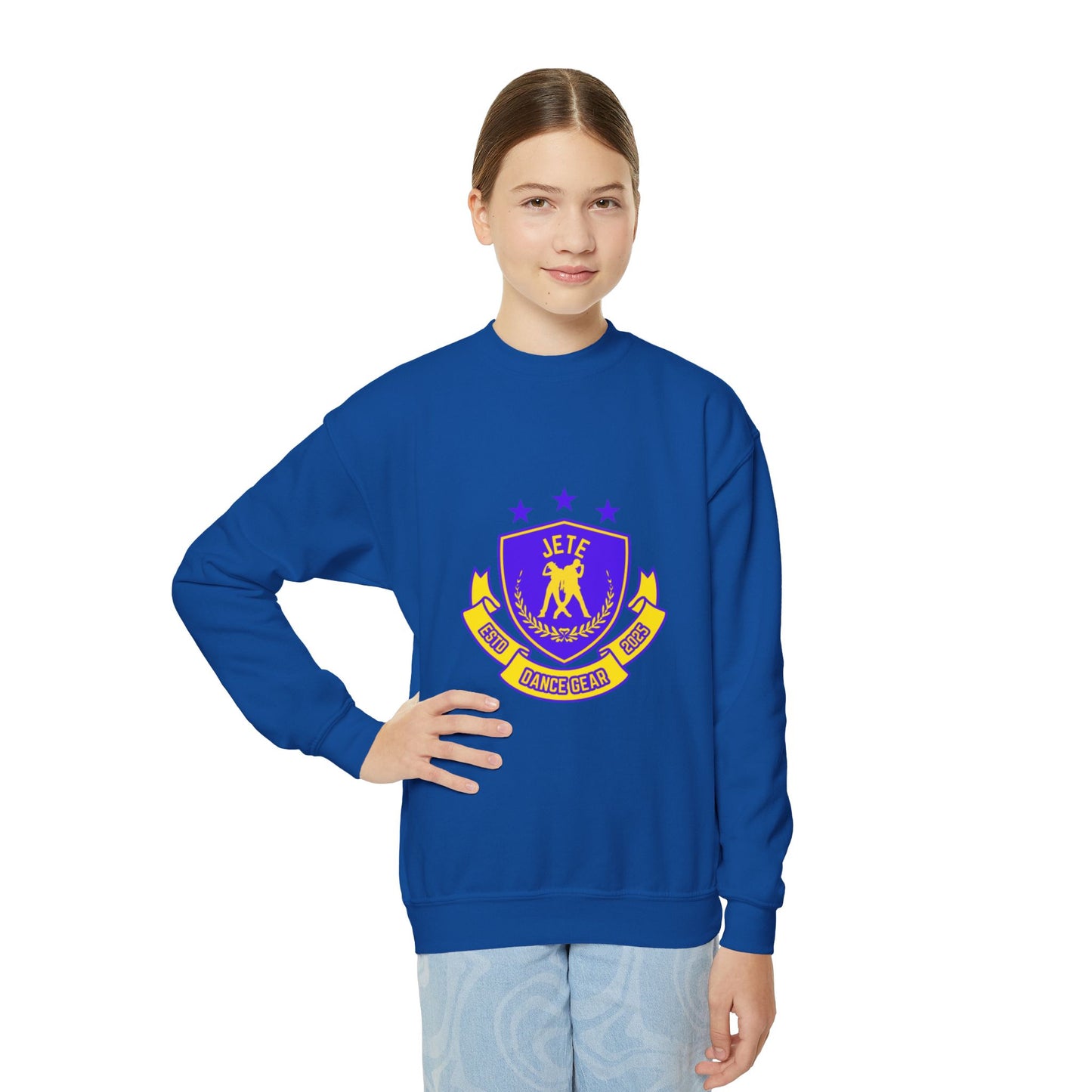 "Jeté Dance Gear" – Collegiate Style Youth Crewneck Sweatshirt | Bold Kids Dance Team Pullover