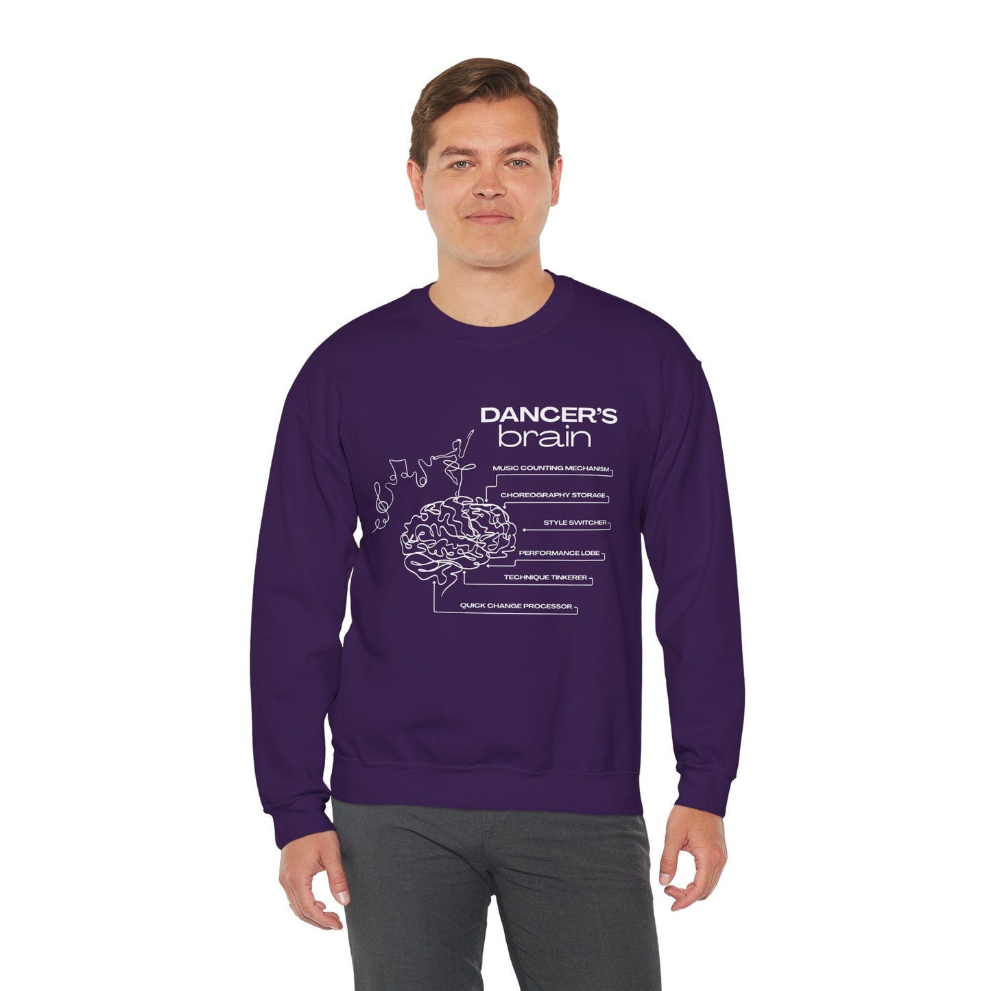 “Dancer’s Brain” Funny Dance Anatomy Sweatshirt – Unisex Heavy Blend Crewneck with Optional Name or Studio Personalization