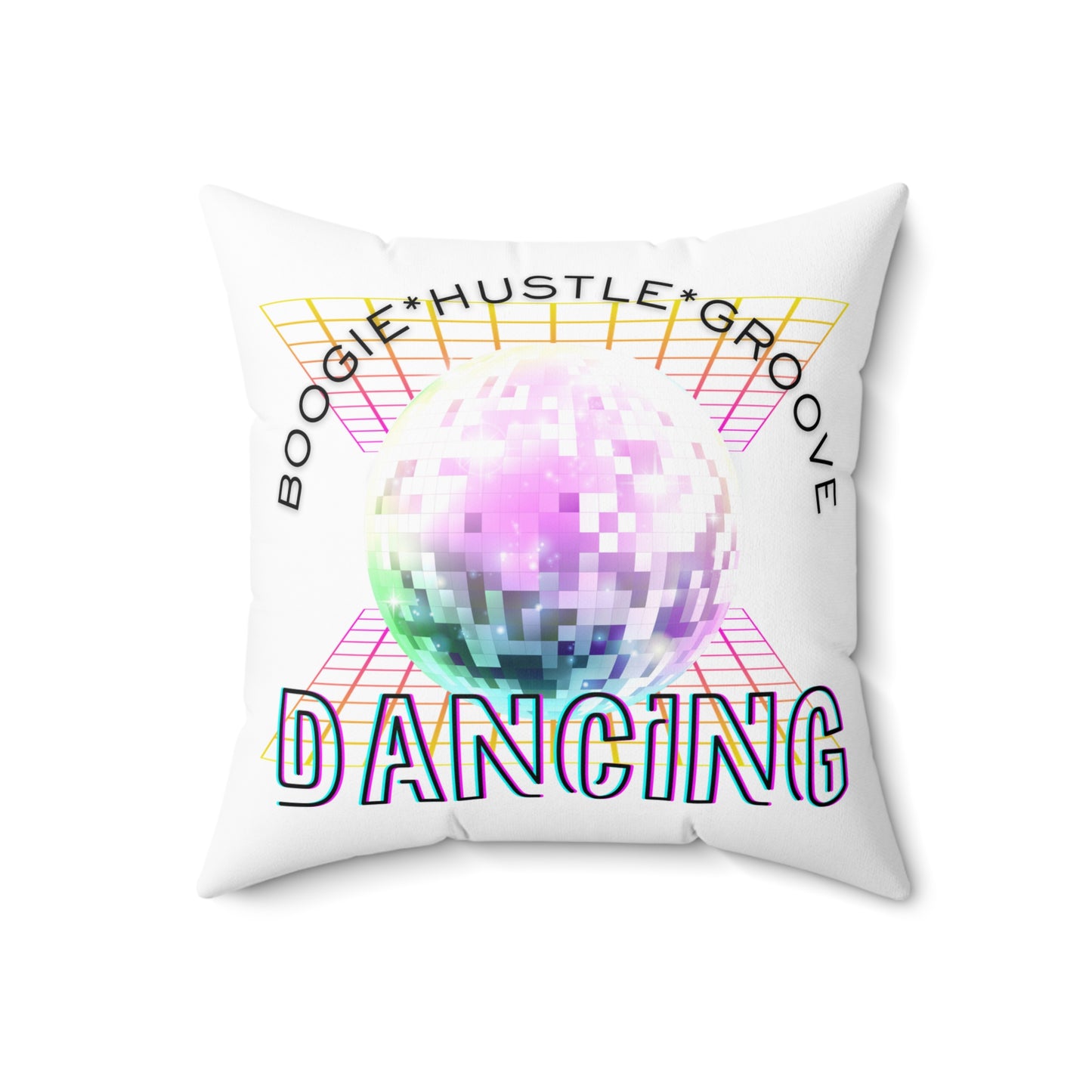 "Boogie Hustle Groove Dancing" Pillow – Retro 70s Disco Dance Square Throw Pillow with Funky Graphic