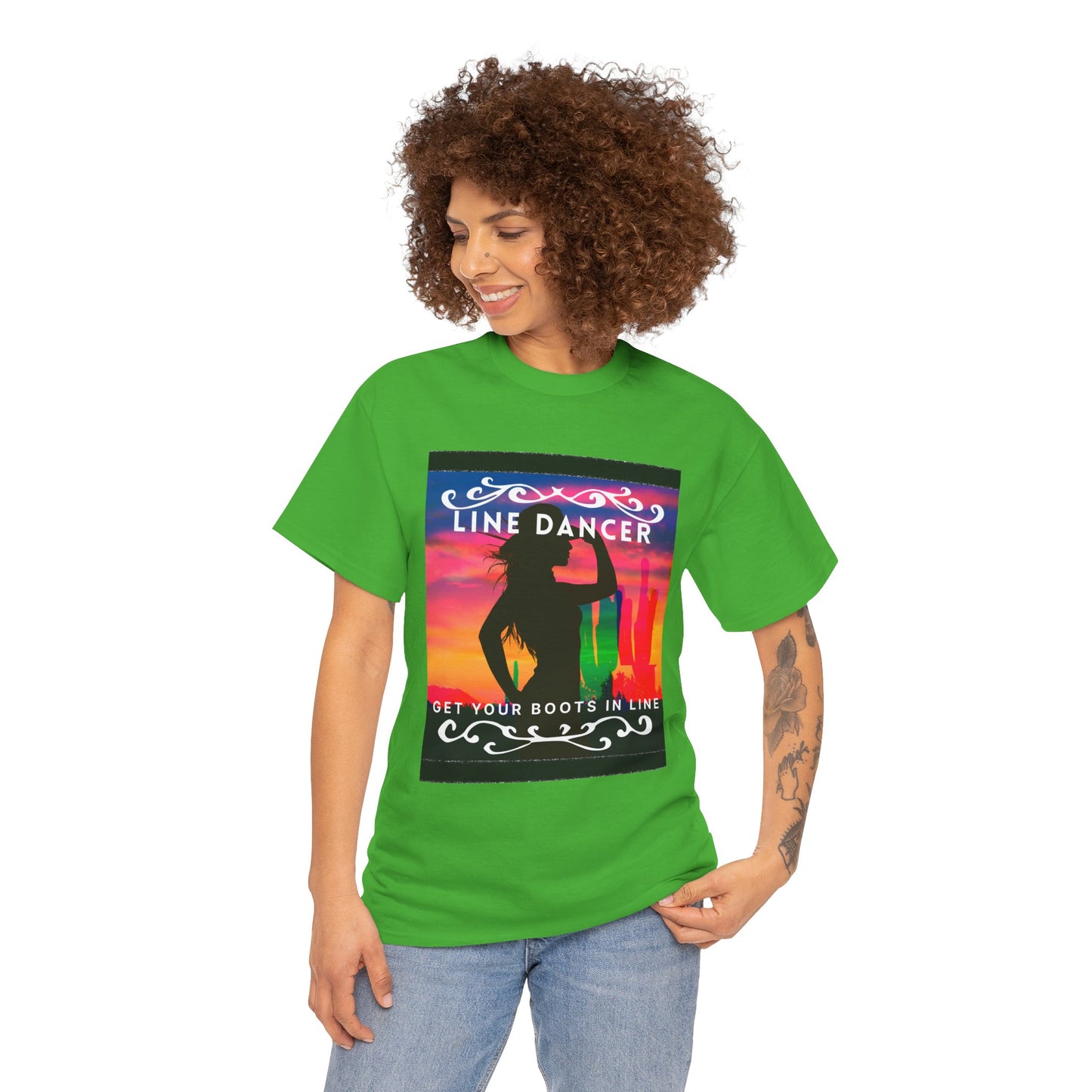 "Line Dancer" Unisex Heavy Cotton T-Shirt – Western Country Dance Graphic Tee – 'Get Your Boots in Line' Cowboy-Inspired Shirt