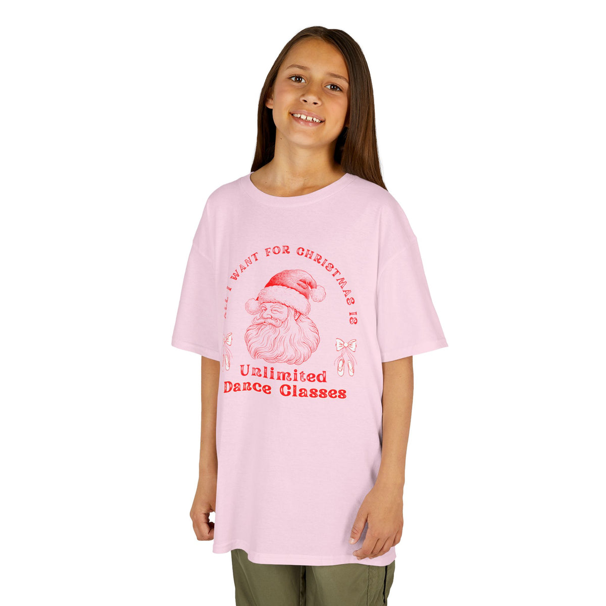 “All I Want for Christmas Is Unlimited Dance Classes” YOUTH TEE Short Sleeve with Vintage Santa – Festive Holiday Dance Tee for Dancers & Studios