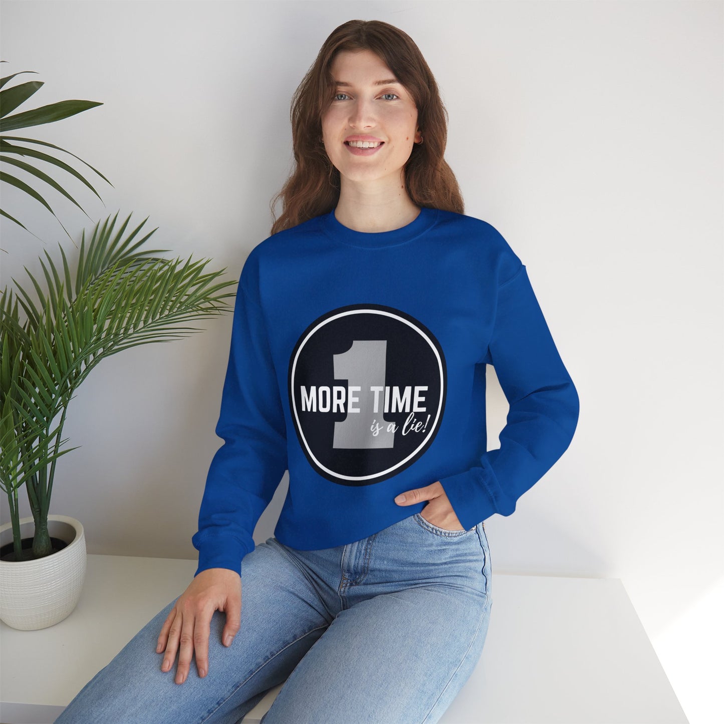 "One More Time Is a Lie." Unisex Heavy Blend Crewneck Sweatshirt – Bold Emblem Graphic Dance Teacher Quote Pullover for Dancers & Studio Life