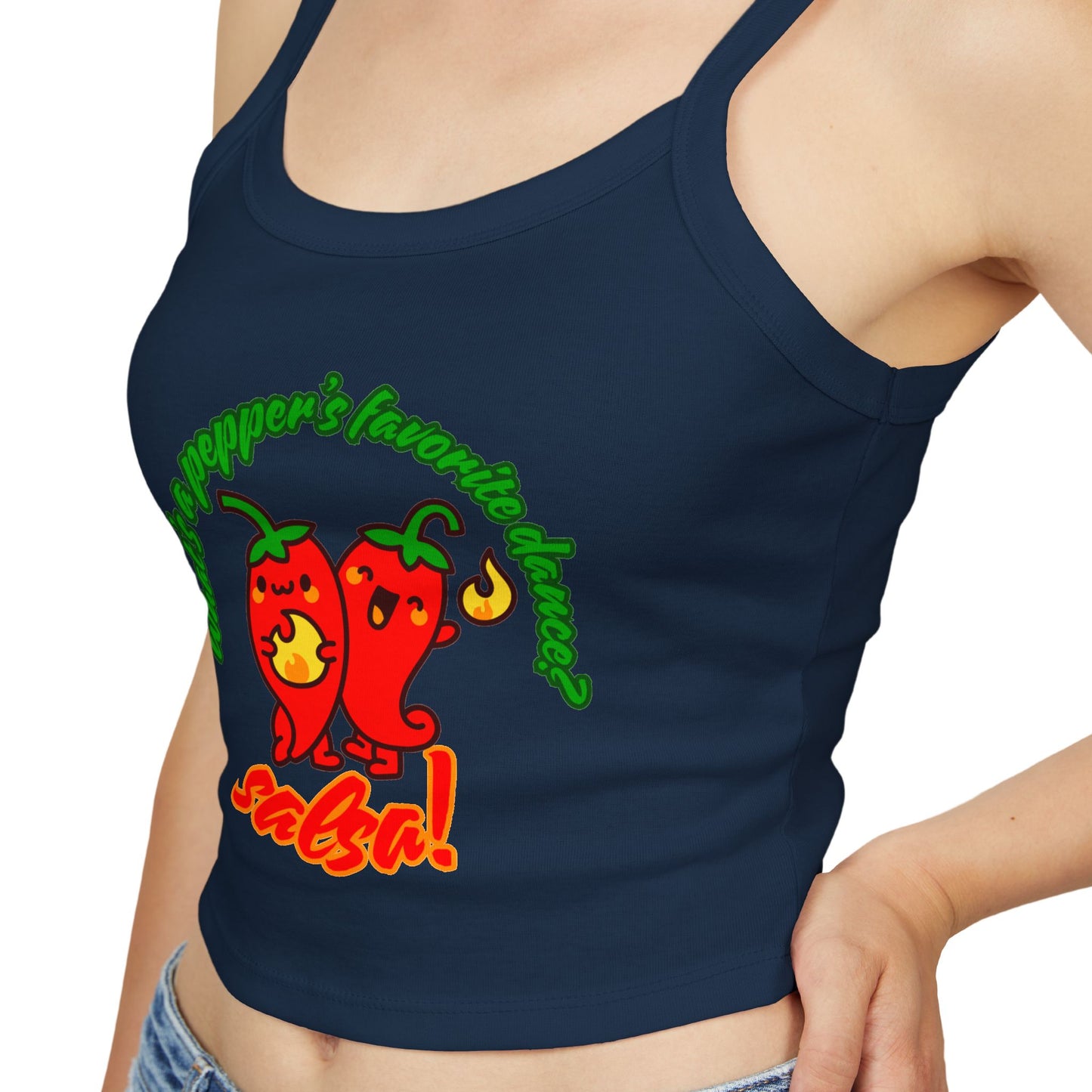 "What’s a Pepper’s Favorite Dance? Salsa!" Women’s Spaghetti Strap Tank Top – Cute Pepper Graphic | Funny Dance Pun Shirt for Dancers & Food Lovers