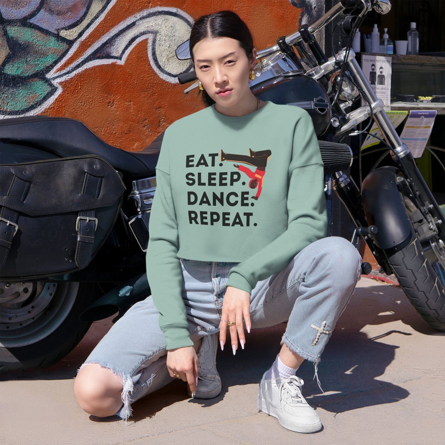 "Eat, Sleep, Dance, Repeat" Women’s Cropped Dance Sweatshirt – Bold B-Boy Graphic | Street Style Dance Apparel for Breakdancers & Hip-Hop Lovers