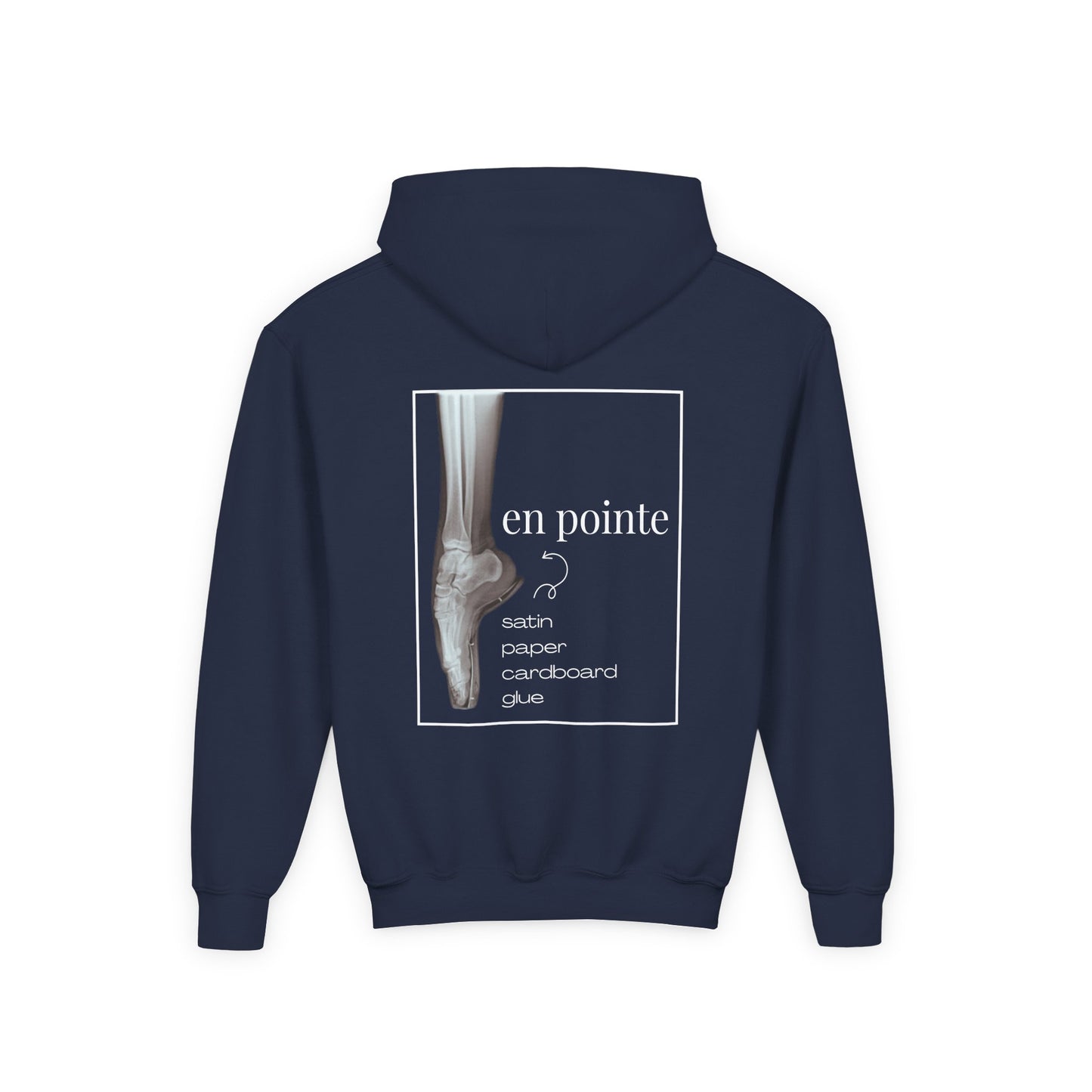 “I Dance En Pointe” Youth Pullover Hoodie with X-Ray Ballet Foot Graphic – Personalized Dance Hoodie for Kids, Custom Name or Studio Option