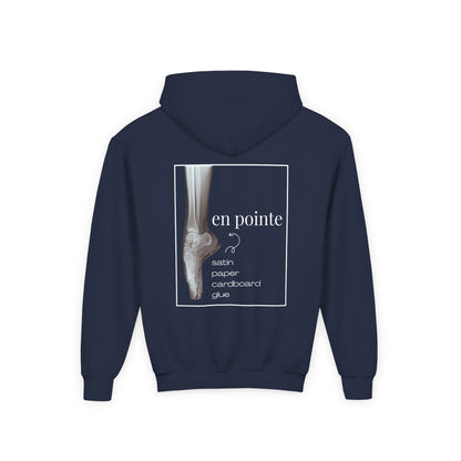 “I Dance En Pointe” Youth Pullover Hoodie with X-Ray Ballet Foot Graphic – Personalized Dance Hoodie for Kids, Custom Name or Studio Option