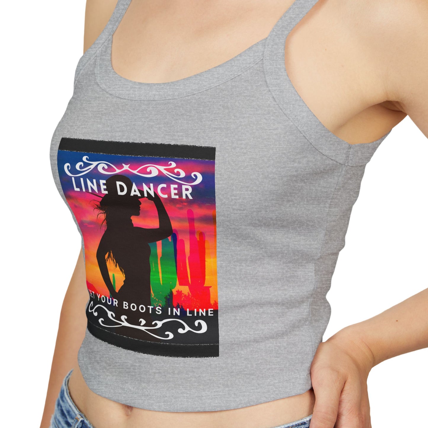 "Line Dancer" Spaghetti Strap Tank Top – Western-Inspired Country Dance Graphic – 'Get Your Boots in Line' Women's Dance Tank