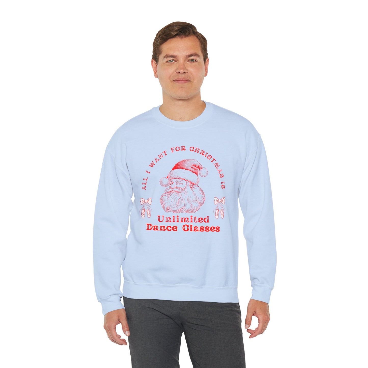 “All I Want for Christmas Is Unlimited Dance Classes” ADULT SWEATSHIRT Unisex Heavy Blend Crewneck with Vintage Santa – Festive Holiday Dance Sweatshirt for Dancers & Studios