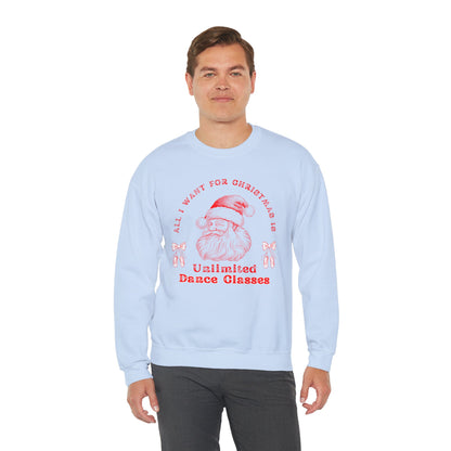 “All I Want for Christmas Is Unlimited Dance Classes” ADULT SWEATSHIRT Unisex Heavy Blend Crewneck with Vintage Santa – Festive Holiday Dance Sweatshirt for Dancers & Studios
