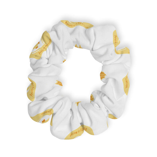 “What do you call a dancing chick? Poultry in Motion” Scrunchie – Funny Dance Pun Hair Accessory with Cute Dancing Chicken Graphic