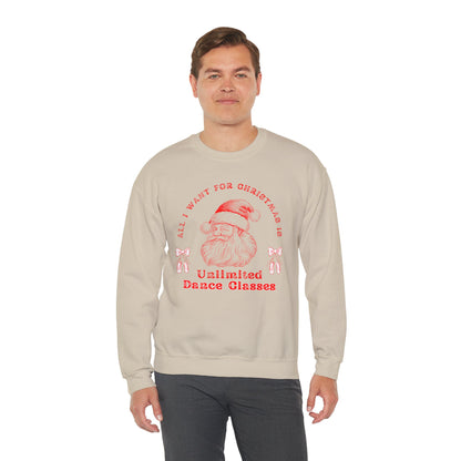 “All I Want for Christmas Is Unlimited Dance Classes” ADULT SWEATSHIRT Unisex Heavy Blend Crewneck with Vintage Santa – Festive Holiday Dance Sweatshirt for Dancers & Studios