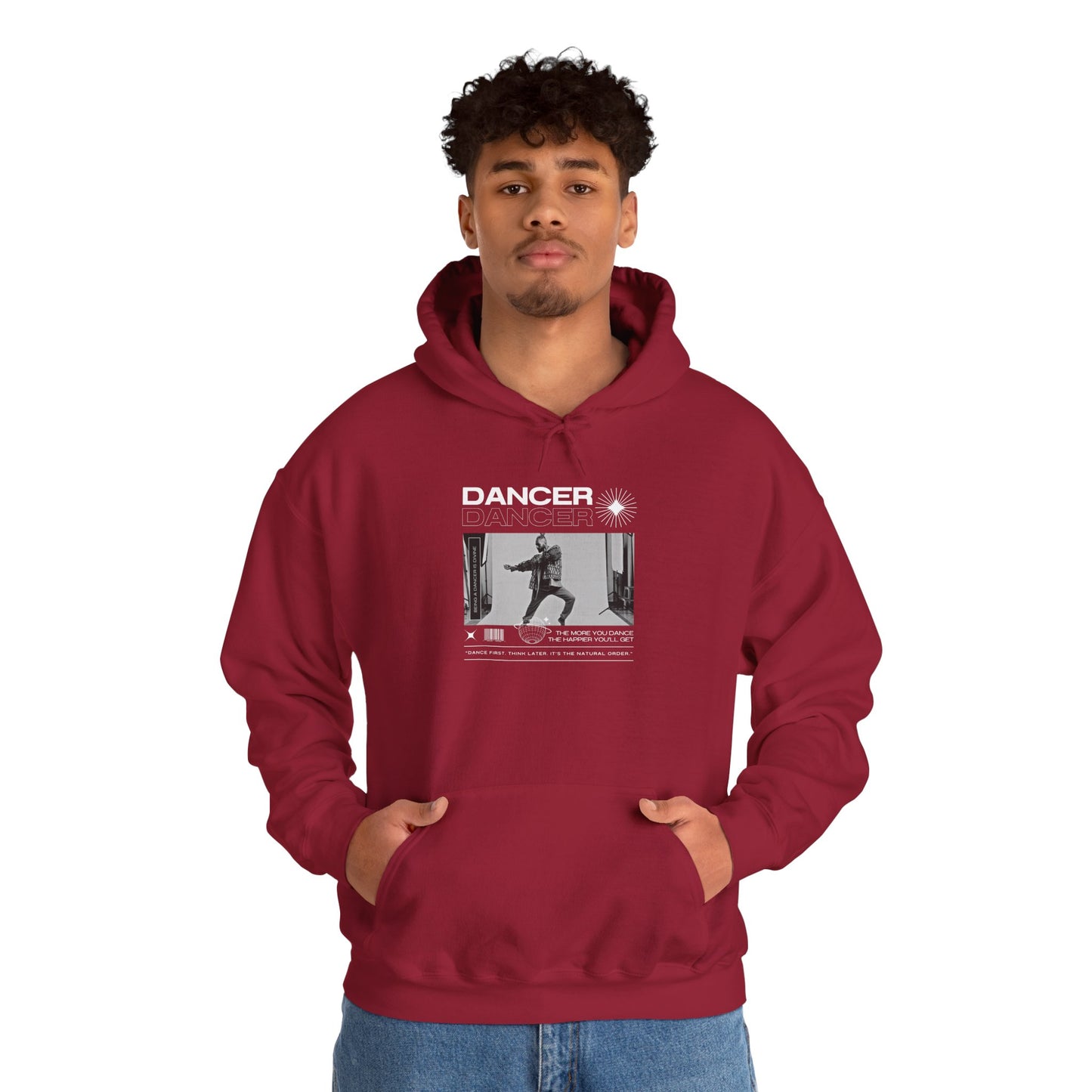 “Dancer” Text with Jazz-Inspired Streetwear-Style Pose Graphic – Unisex Heavy Blend™ Hooded Sweatshirt – Cozy Dance Hoodie for Jazz Dancers & Performing Arts Lovers  "