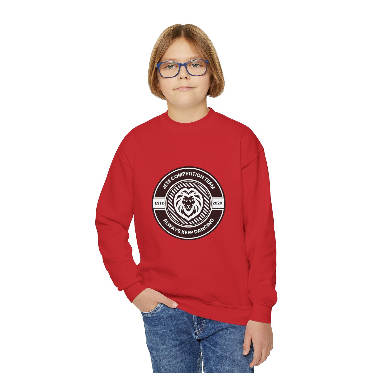 "Jeté Competition Team - Always Keep Dancing" Youth Crewneck Sweatshirt – Bold Collegiate-Inspired Dance Graphic Pullover for Kids and Teens