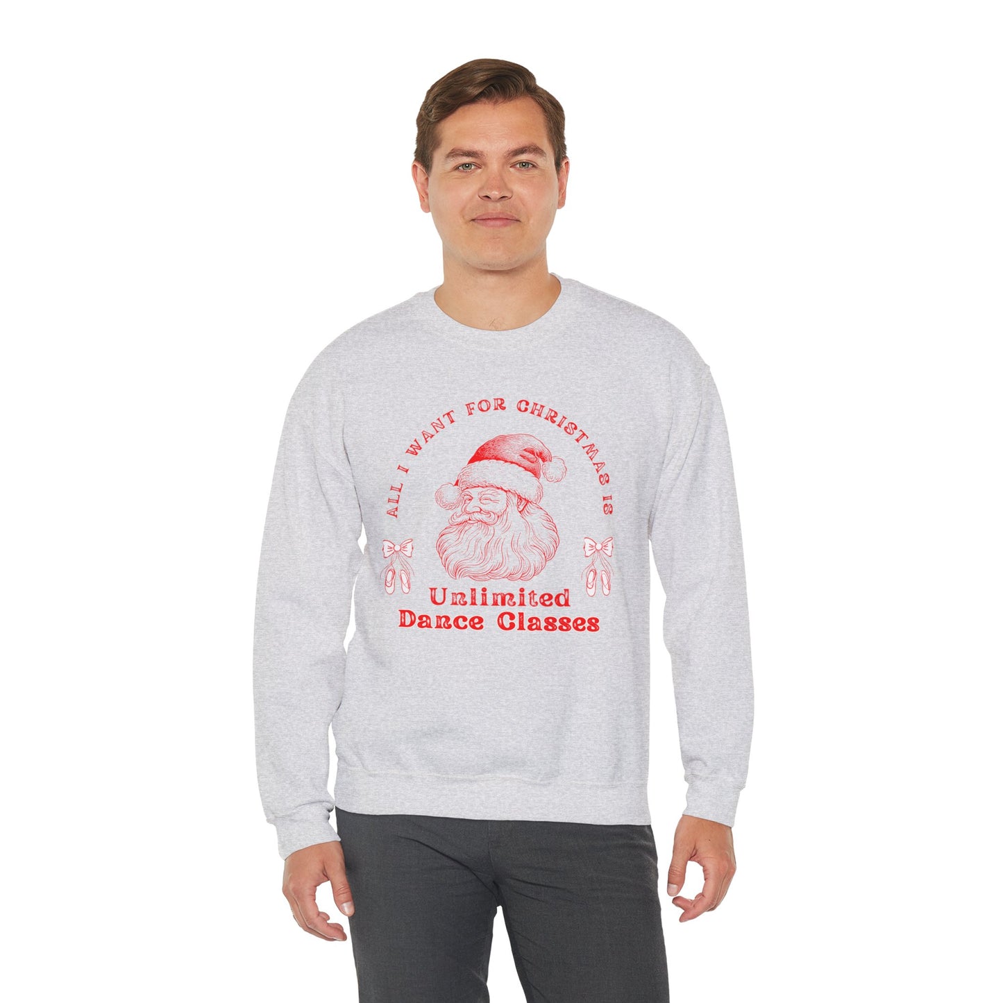 “All I Want for Christmas Is Unlimited Dance Classes” ADULT SWEATSHIRT Unisex Heavy Blend Crewneck with Vintage Santa – Festive Holiday Dance Sweatshirt for Dancers & Studios