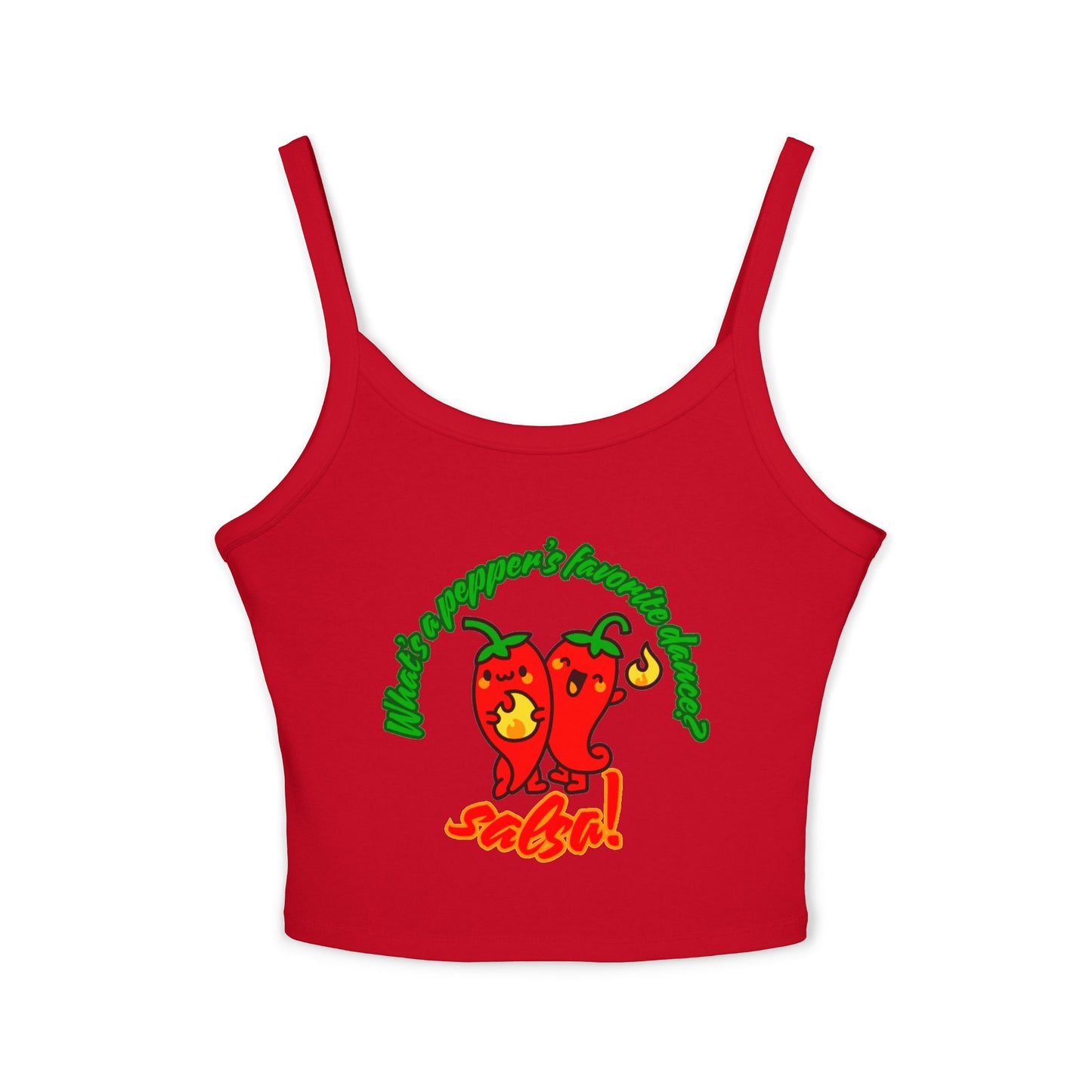 "What’s a Pepper’s Favorite Dance? Salsa!" Women’s Spaghetti Strap Tank Top – Cute Pepper Graphic | Funny Dance Pun Shirt for Dancers & Food Lovers