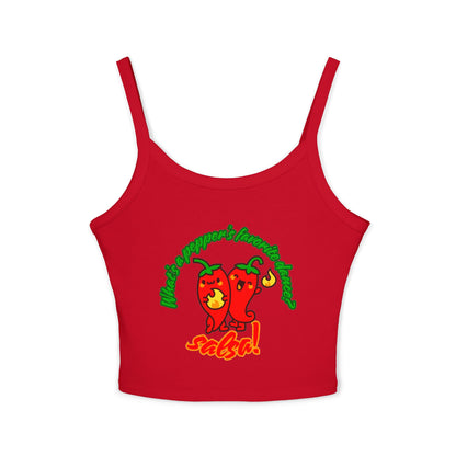 "What’s a Pepper’s Favorite Dance? Salsa!" Women’s Spaghetti Strap Tank Top – Cute Pepper Graphic | Funny Dance Pun Shirt for Dancers & Food Lovers
