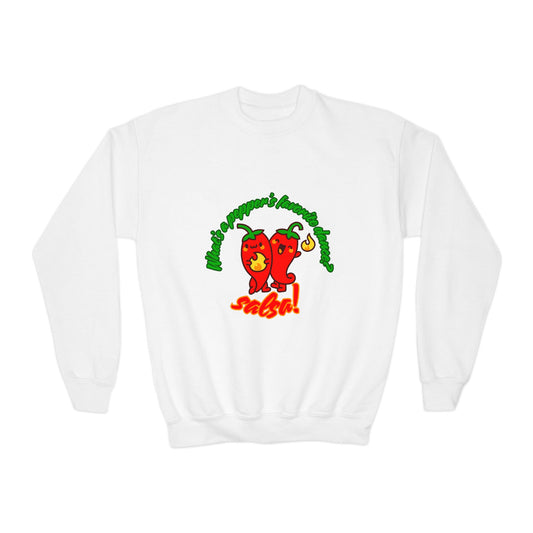"What's a pepper's favorite dance?  Salsa!" – Funny Dance Pun Youth Crewneck Sweatshirt | Cute Pepper Graphic Kids Pullover for Dancers