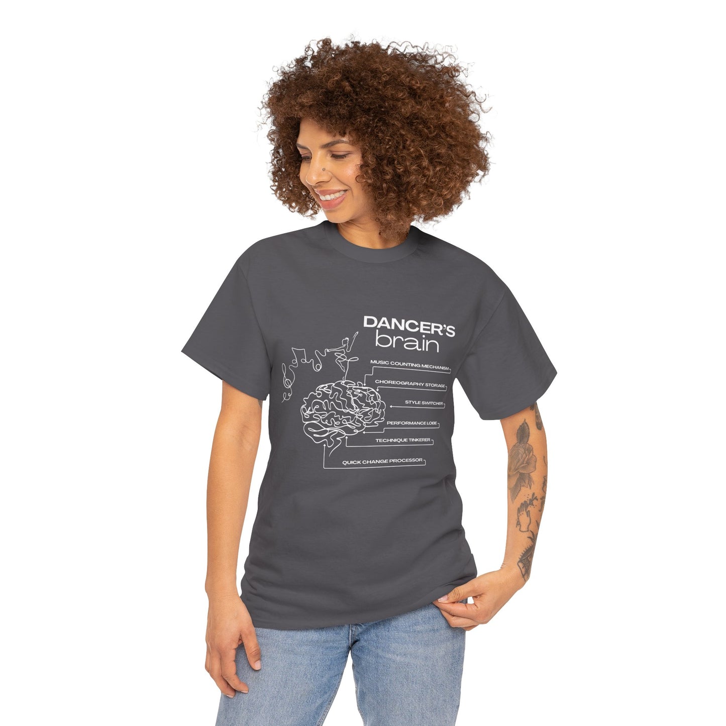 “Dancer’s Brain” Funny Dance Anatomy T-Shirt – Unisex Heavy Cotton Tee with Cute Dancer Brain Diagram and Optional Back Personalization