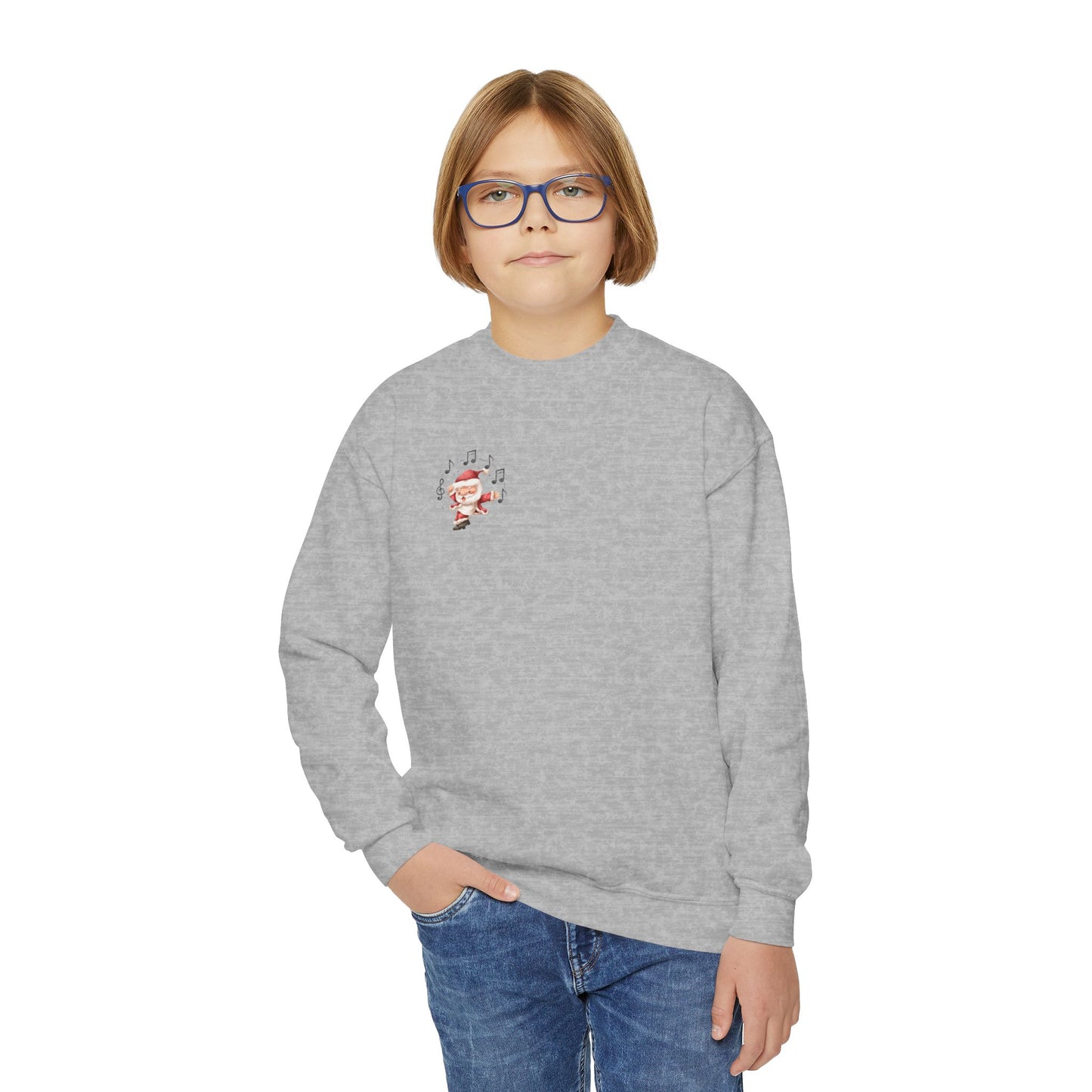 “5-eee and a 6-eee and a Ho, Ho, Ho” YOUTH SWEATSHIRT Crewneck with Playful Dancing Santa Front & Back – Festive Christmas Dance Sweatshirt for Dancers & Studios