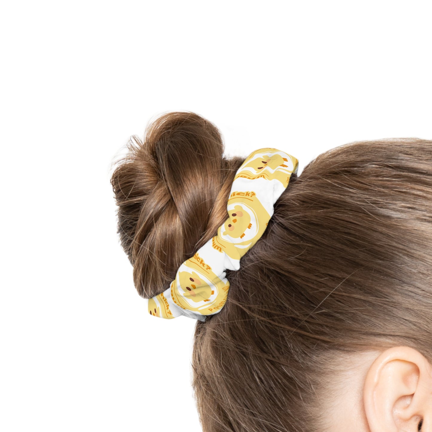 “What do you call a dancing chick? Poultry in Motion” Scrunchie – Funny Dance Pun Hair Accessory with Cute Dancing Chicken Graphic