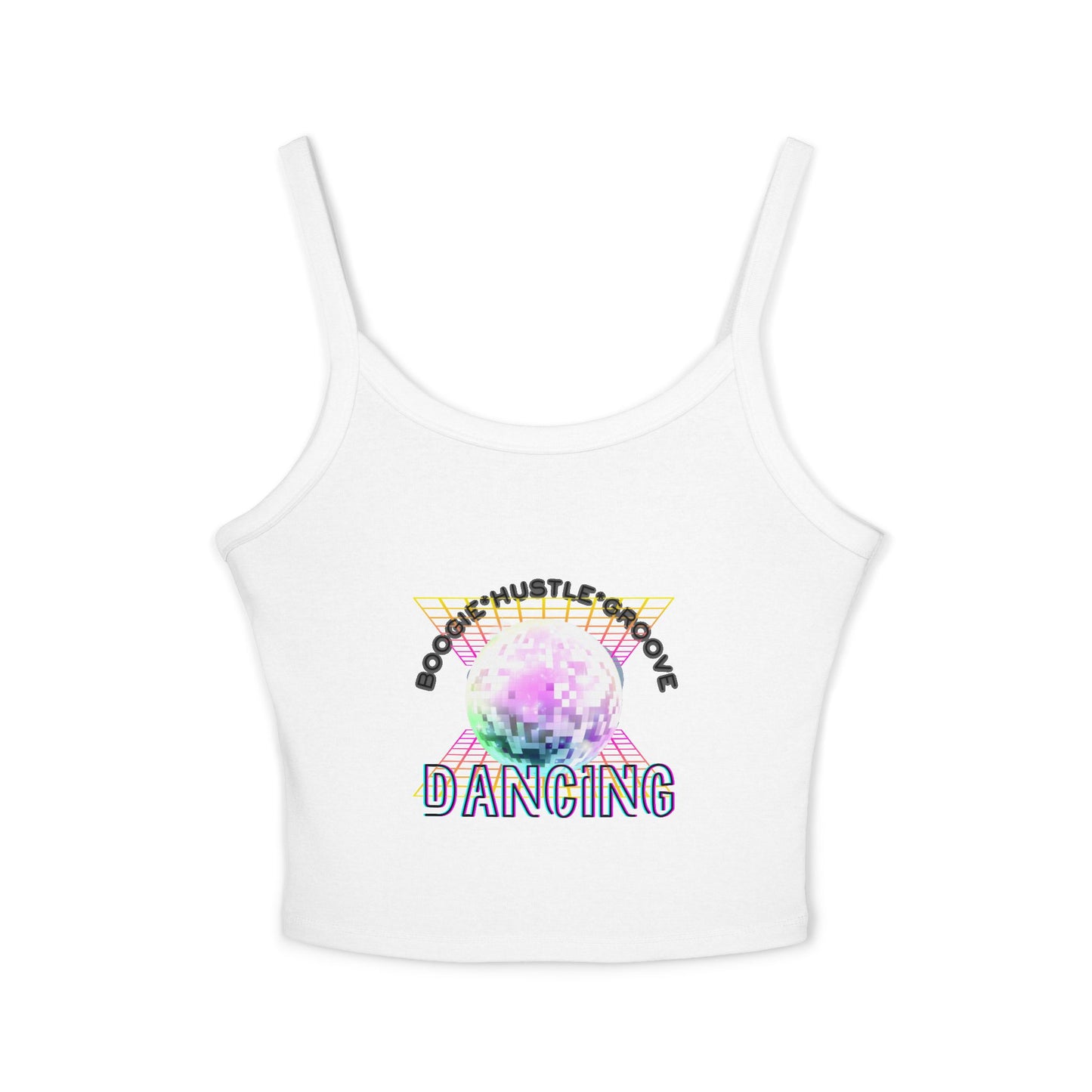 "Boogie, Hustle, Groove – Dancing" Women’s Spaghetti Strap Tank Top – Bold Retro Graphic | Fun 70s-Inspired Dancewear for Studio & Everyday Style
