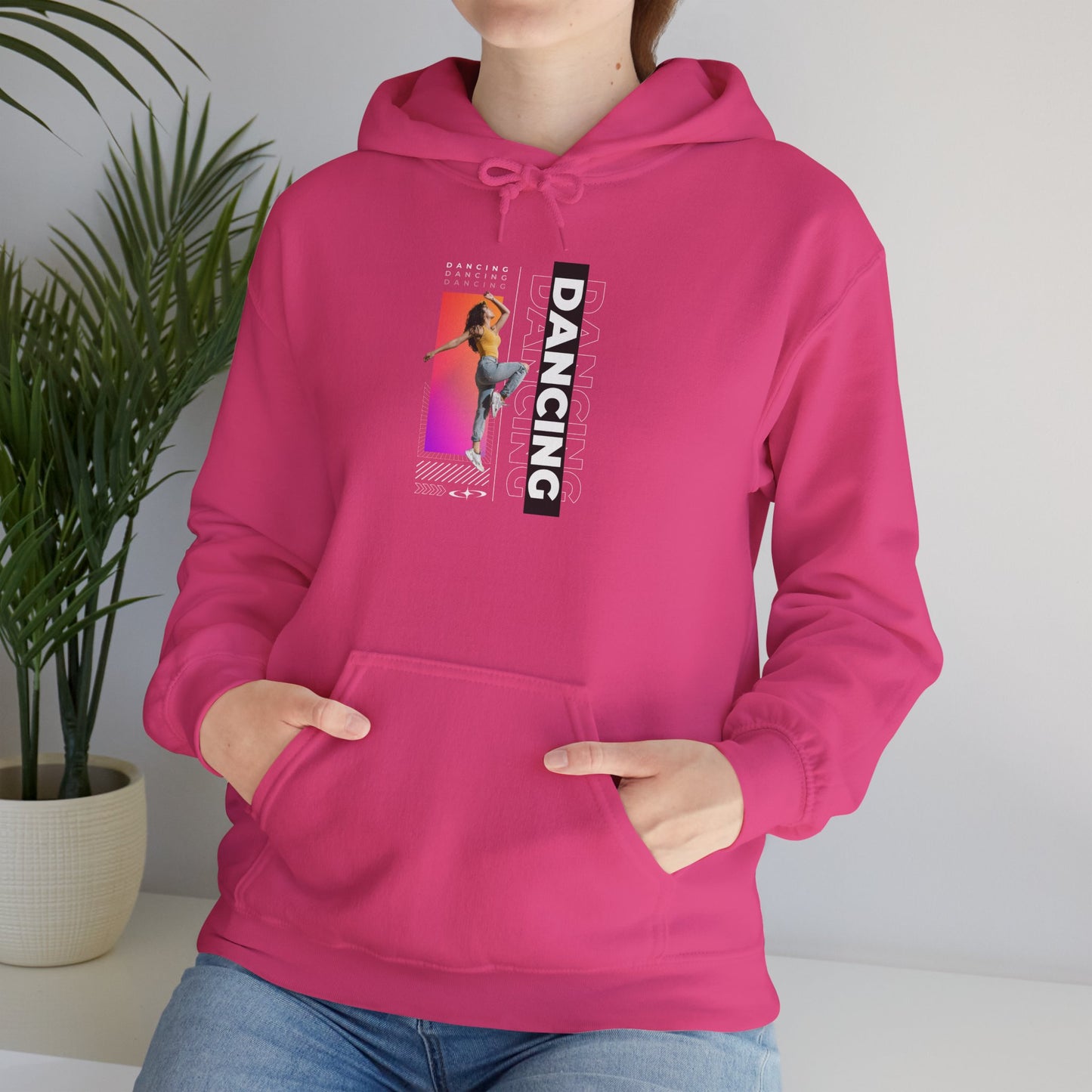 Dancing” Text with Streetwear-Style Female Dancer Graphic - Unisex Heavy Blend™ Hooded Sweatshirt – Cozy Dance Hoodie for Ballet & Hip-Hop Enthusiasts