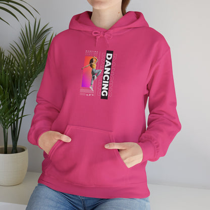 Dancing” Text with Streetwear-Style Female Dancer Graphic - Unisex Heavy Blend™ Hooded Sweatshirt – Cozy Dance Hoodie for Ballet & Hip-Hop Enthusiasts