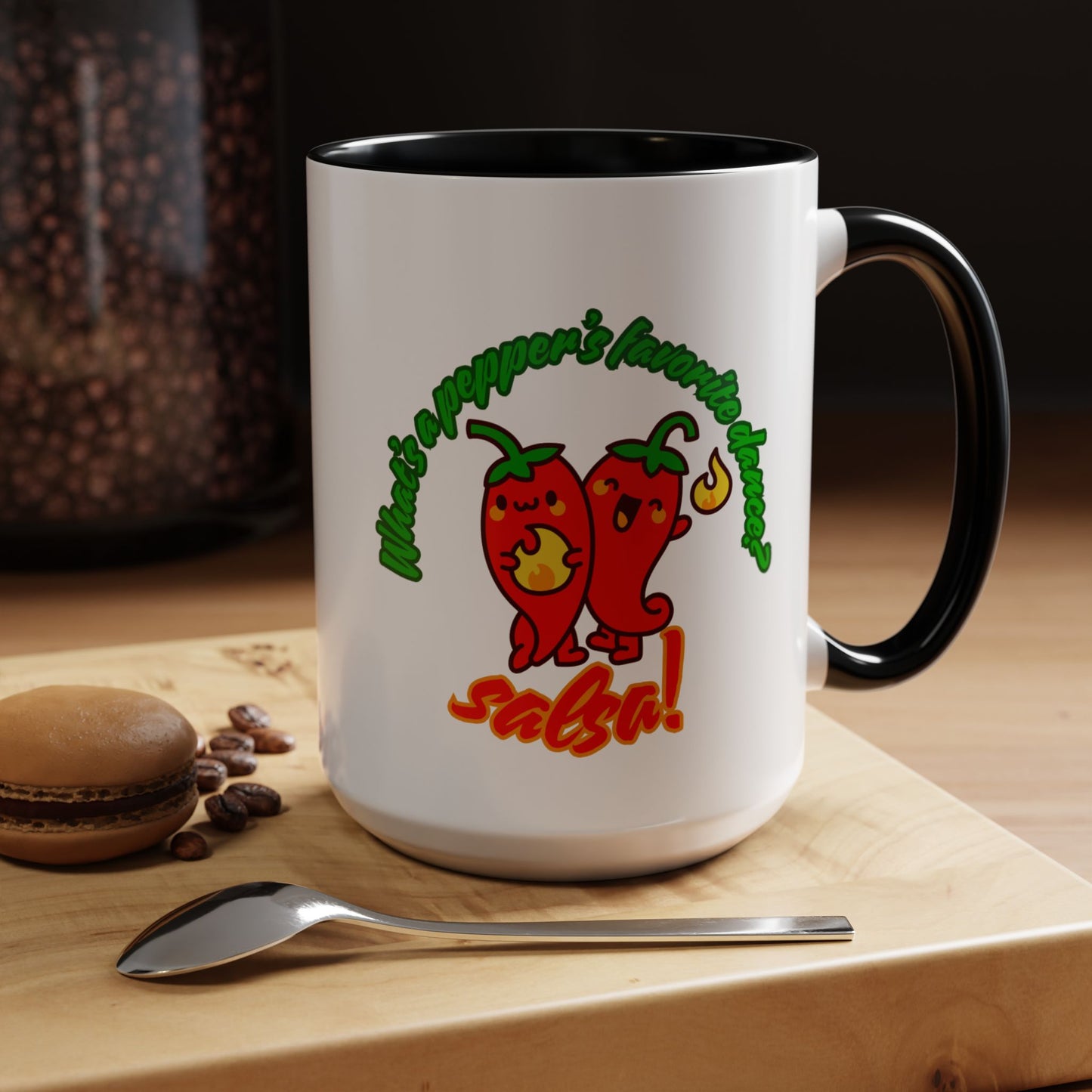 "What's a Pepper's Favorite Dance? Salsa." Accent Coffee Mug – Funny Dance Pun Ceramic Mug for Dancers and Food Lovers