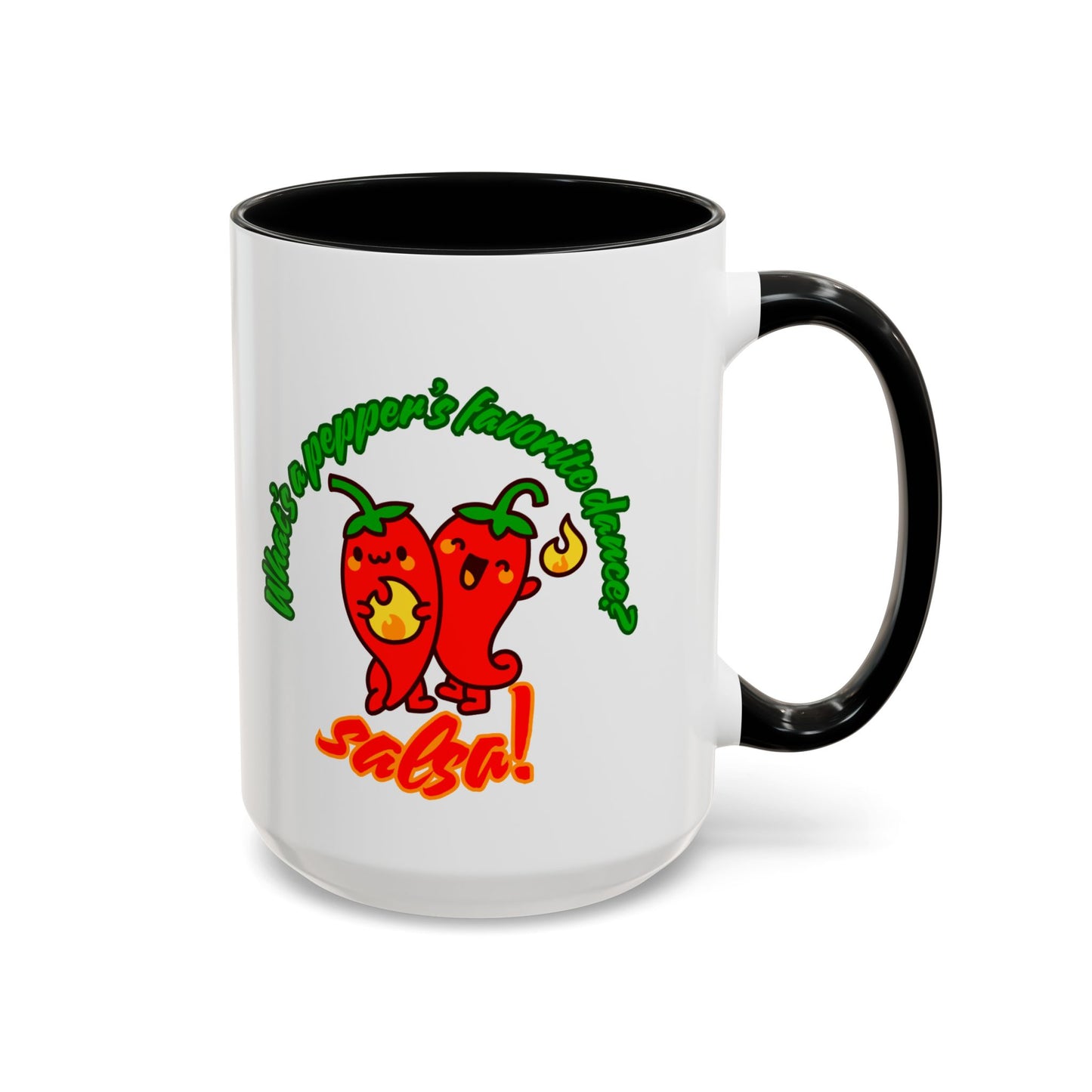 "What's a Pepper's Favorite Dance? Salsa." Accent Coffee Mug – Funny Dance Pun Ceramic Mug for Dancers and Food Lovers
