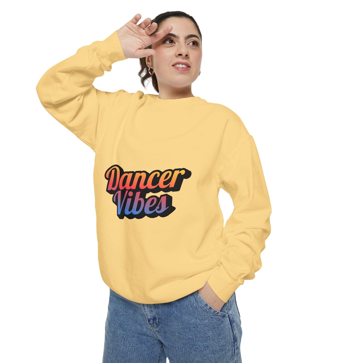 "Dancer Vibes" Unisex Lightweight Crewneck Sweatshirt – Colorful Text Graphic Pullover for Dance Lovers & Studio Style
