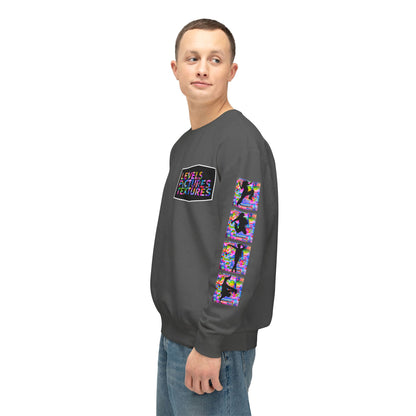 Levels Premium Collection Dance Crewneck Sweatshirt – Vibrant Unisex Streetwear Pullover with "Levels Pictures Textures" Front Text and Dancer Silhouettes on Sleeves