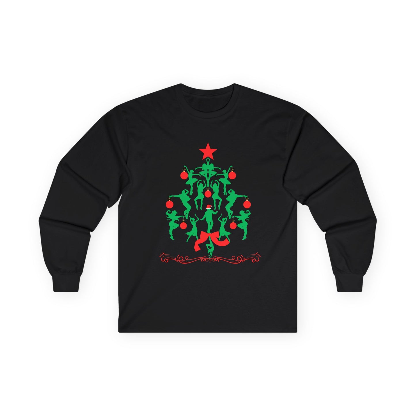 "Christmas Tree Dancer Silhouette" ADULT TEE Unisex Long Sleeve – Festive Ballet & Dance Holiday Tee for Dancers, Teachers, and Studios